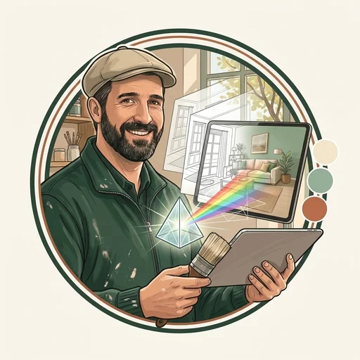 Illustration de Mini-Jo, avatar peintre au Teich, avec pinceau et prisme devant un salon en couleur