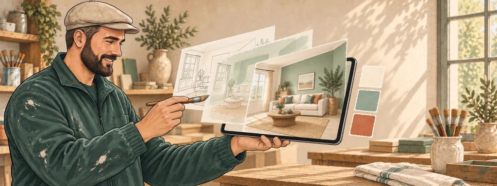 Illustration d'un peintre qui présente sur une tablette le rendu d'un salon repeint, avec trois teintes de peinture proposées